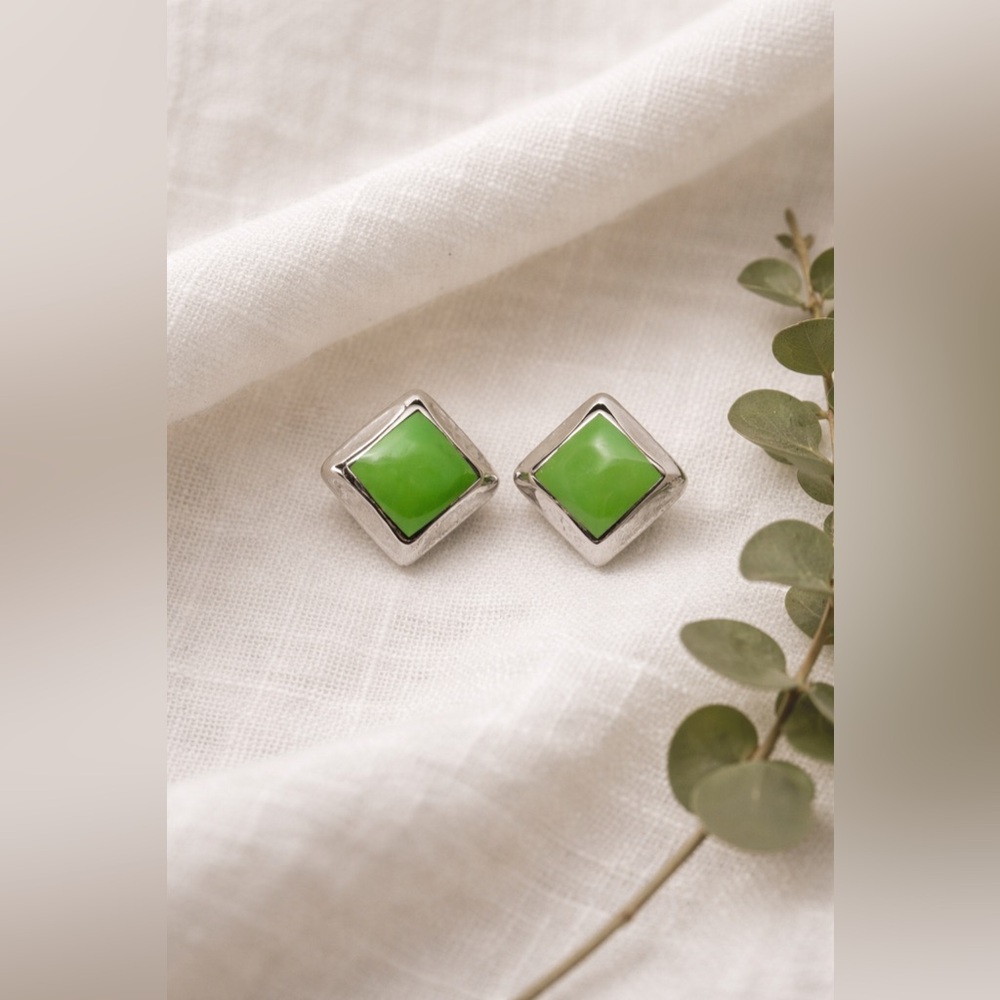Taxco 925 Sterling Green Stone Diamond Studs TB-1520 Signed Artisan Statement